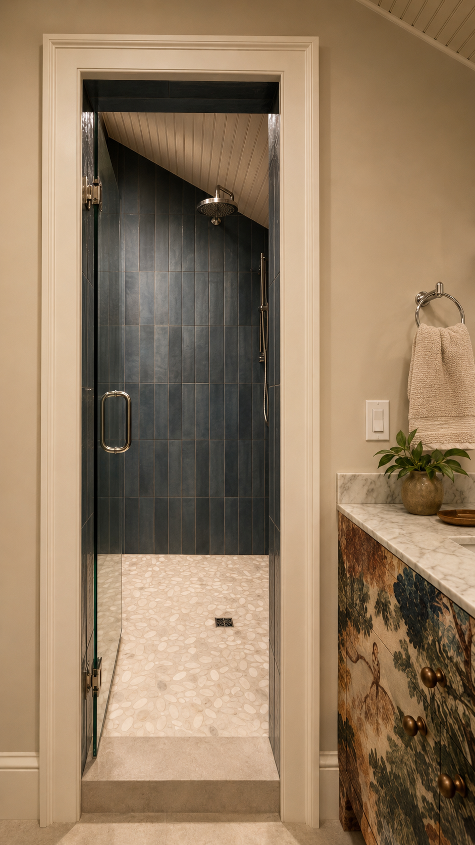 Beans Bight shower entry — threshold, tile, light