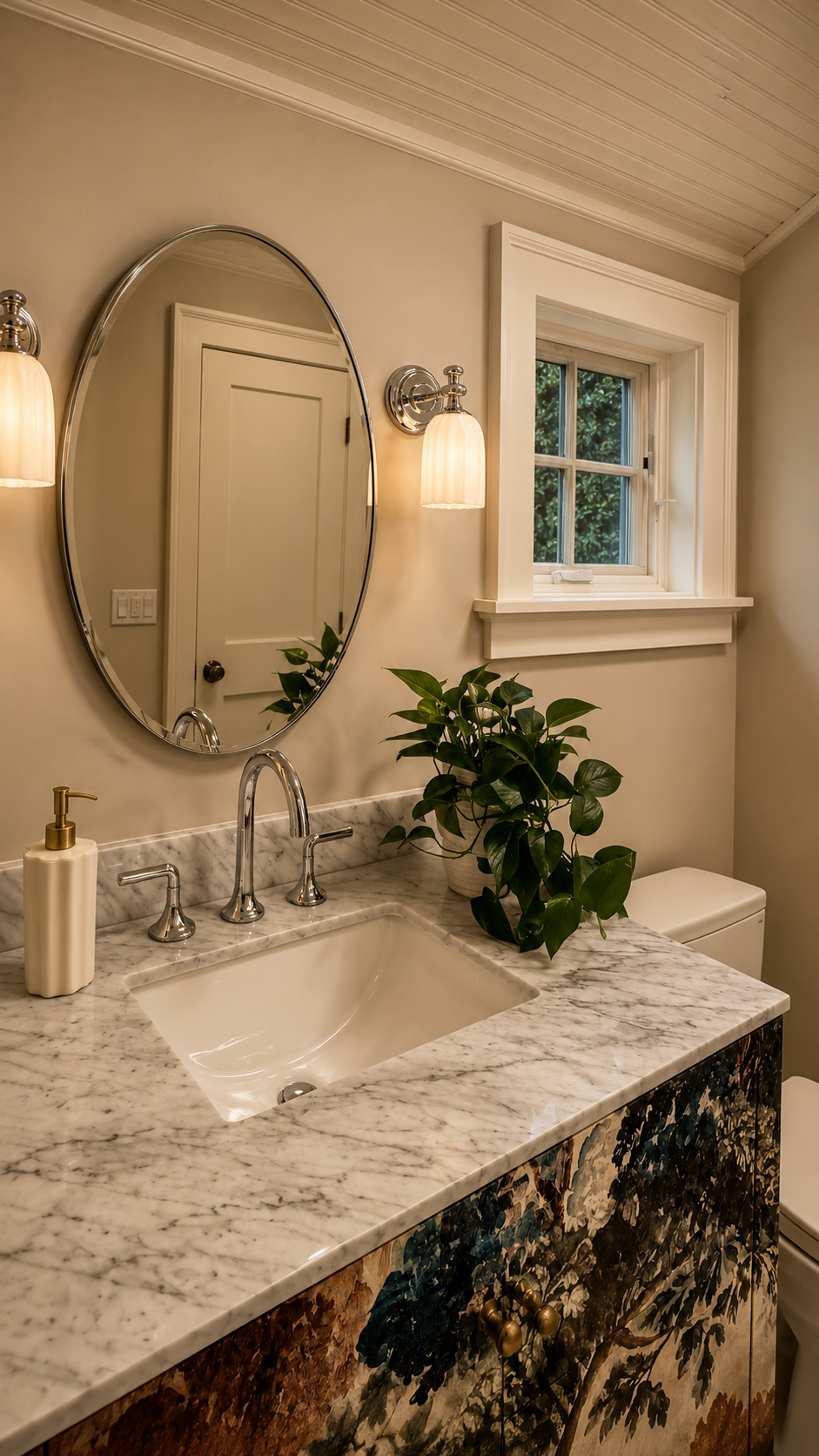 Beans Bight vanity close-up — Carrara marble countertop, undermount sink, polished chrome faucet, oval mirror, chrome sconce, small window with foliage