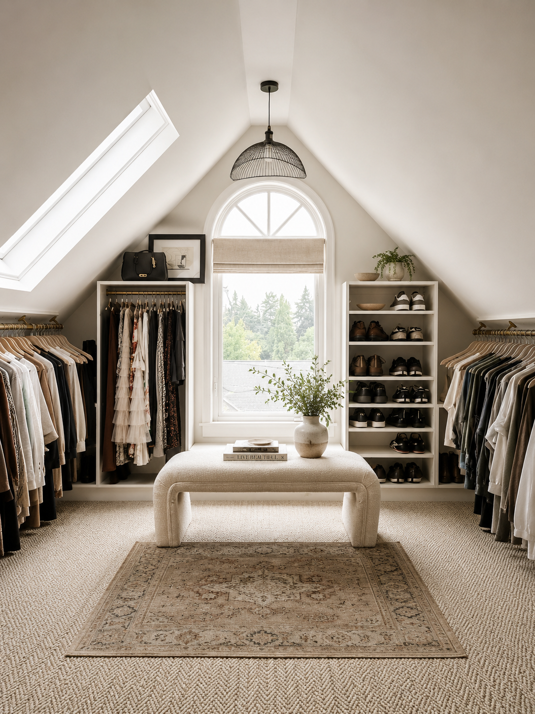 Beck Road primary closet — cathedral vaulted ceiling with skylight, arched window with Pacific Northwest firs, cream boucle bench, brass hanging rods, built-in shelving, herringbone carpet