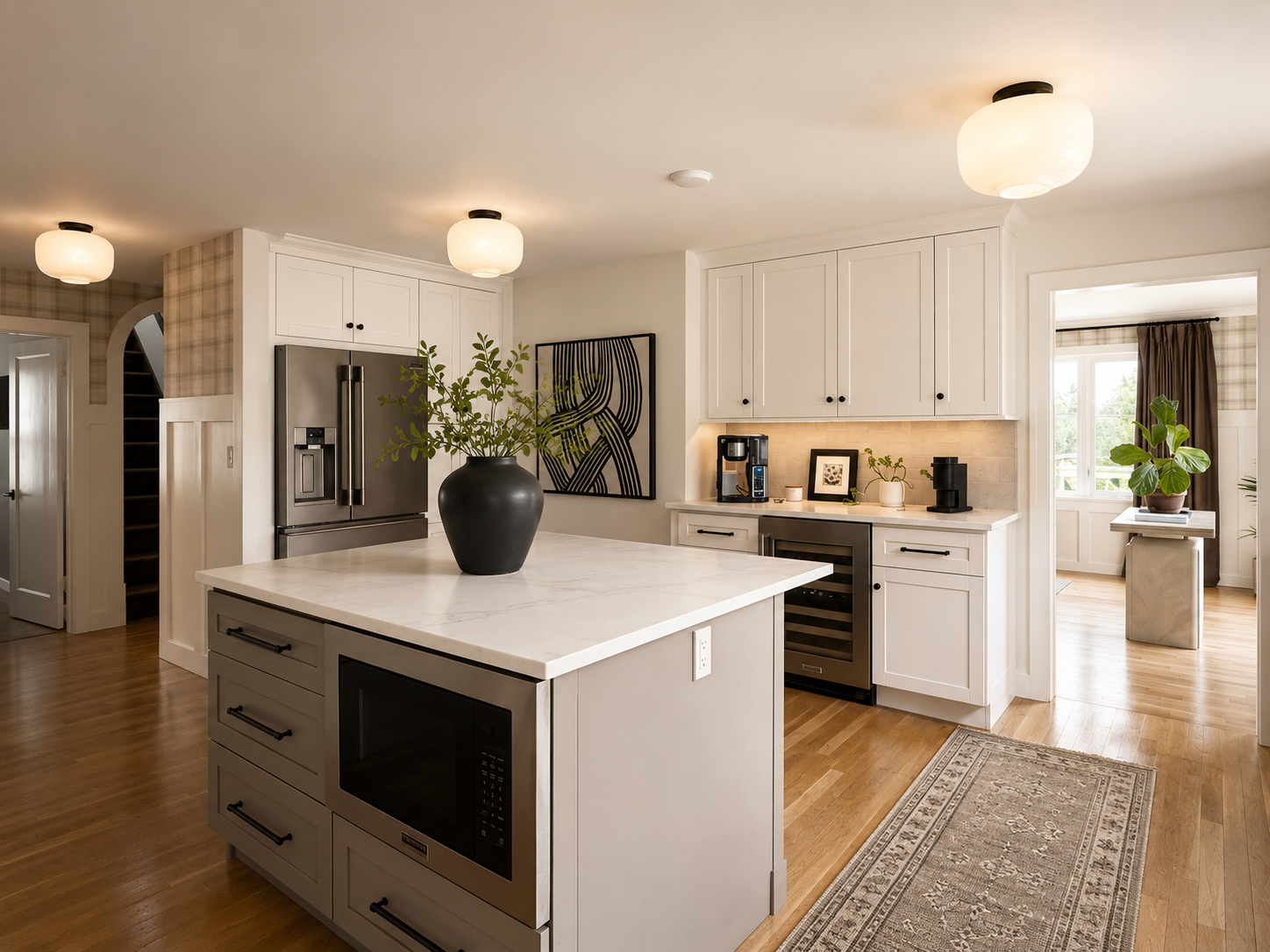 Beck Road kitchen — white shaker cabinets, pewter grey island, white quartz countertops, globe pendants, view through to arched bar opening
