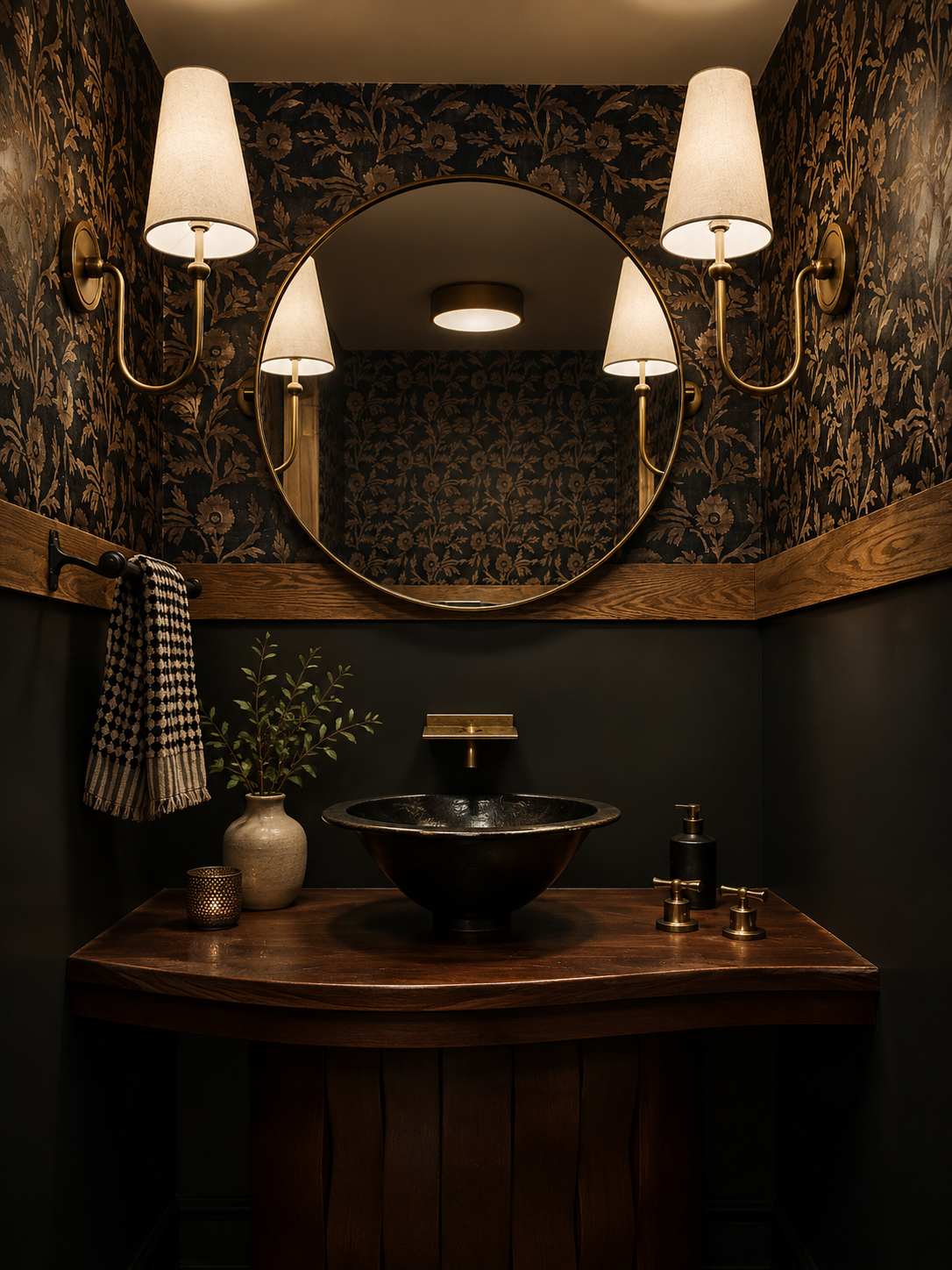 Beck Road powder bath — dark floral damask wallpaper, live-edge walnut vanity, hammered black vessel sink, brass wall-mount faucet, round gold mirror, brass candlestick sconces