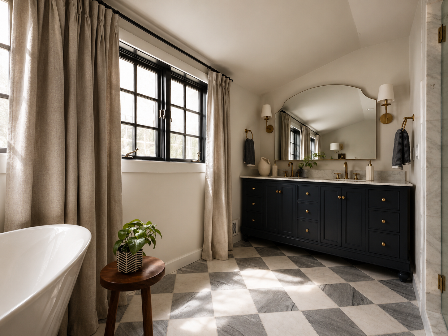 Beck Road primary bath — harlequin marble checkerboard floor, dark navy vanity with brass hardware, arched mirror, freestanding tub, black gridded windows, linen curtains