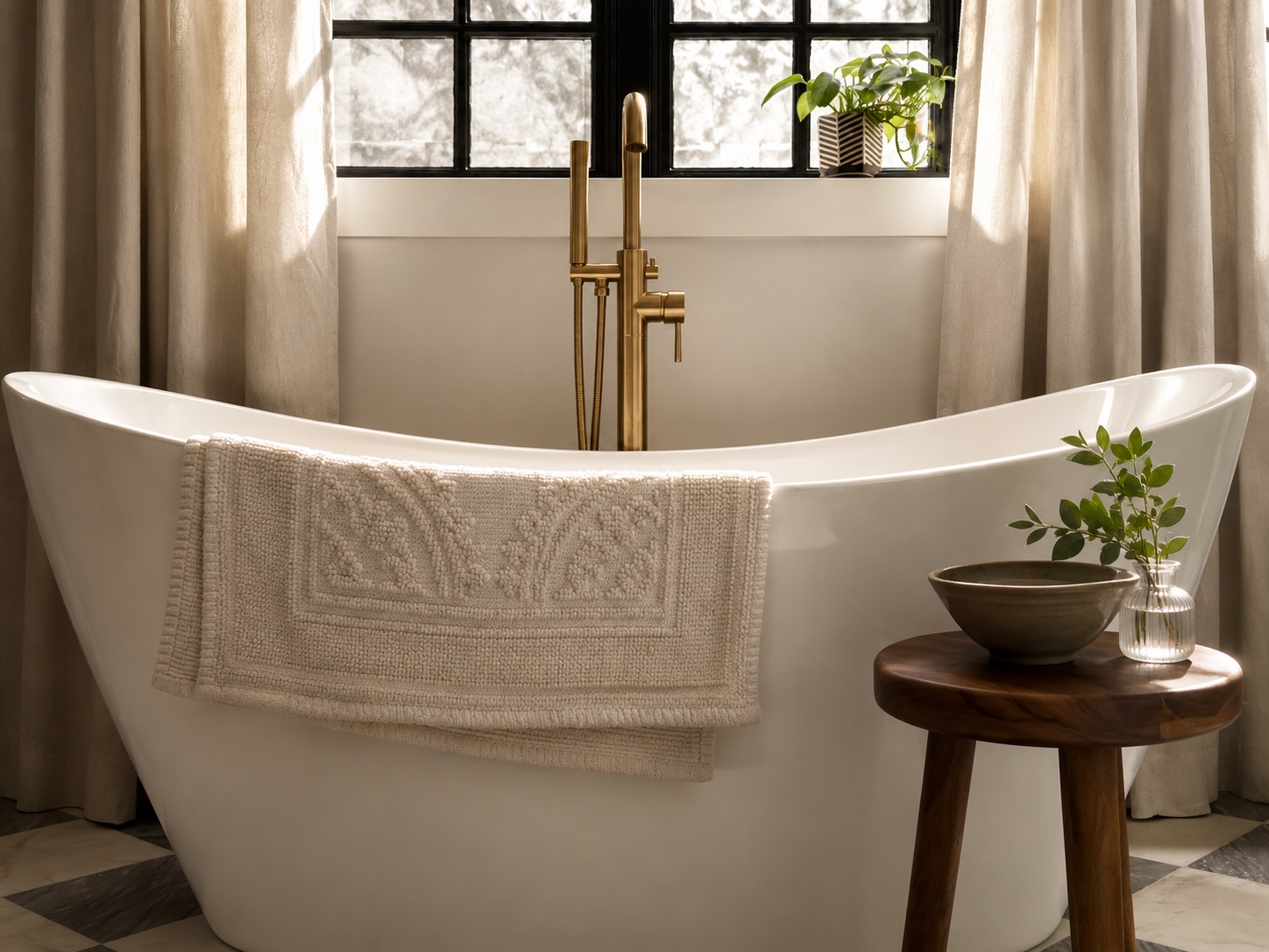 Beck Road primary bath tub — freestanding white soaking tub, brushed gold floor-mount faucet, black gridded window with Pacific Northwest trees, linen curtains, walnut stool