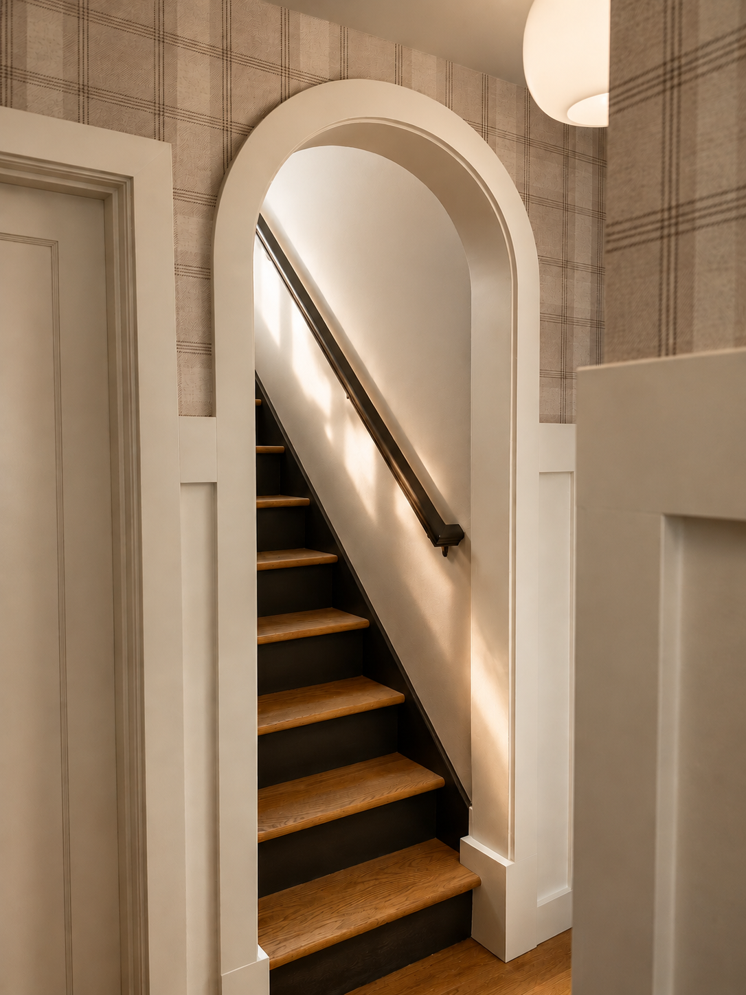 Beck Road stairwell — art at eye level, changing light