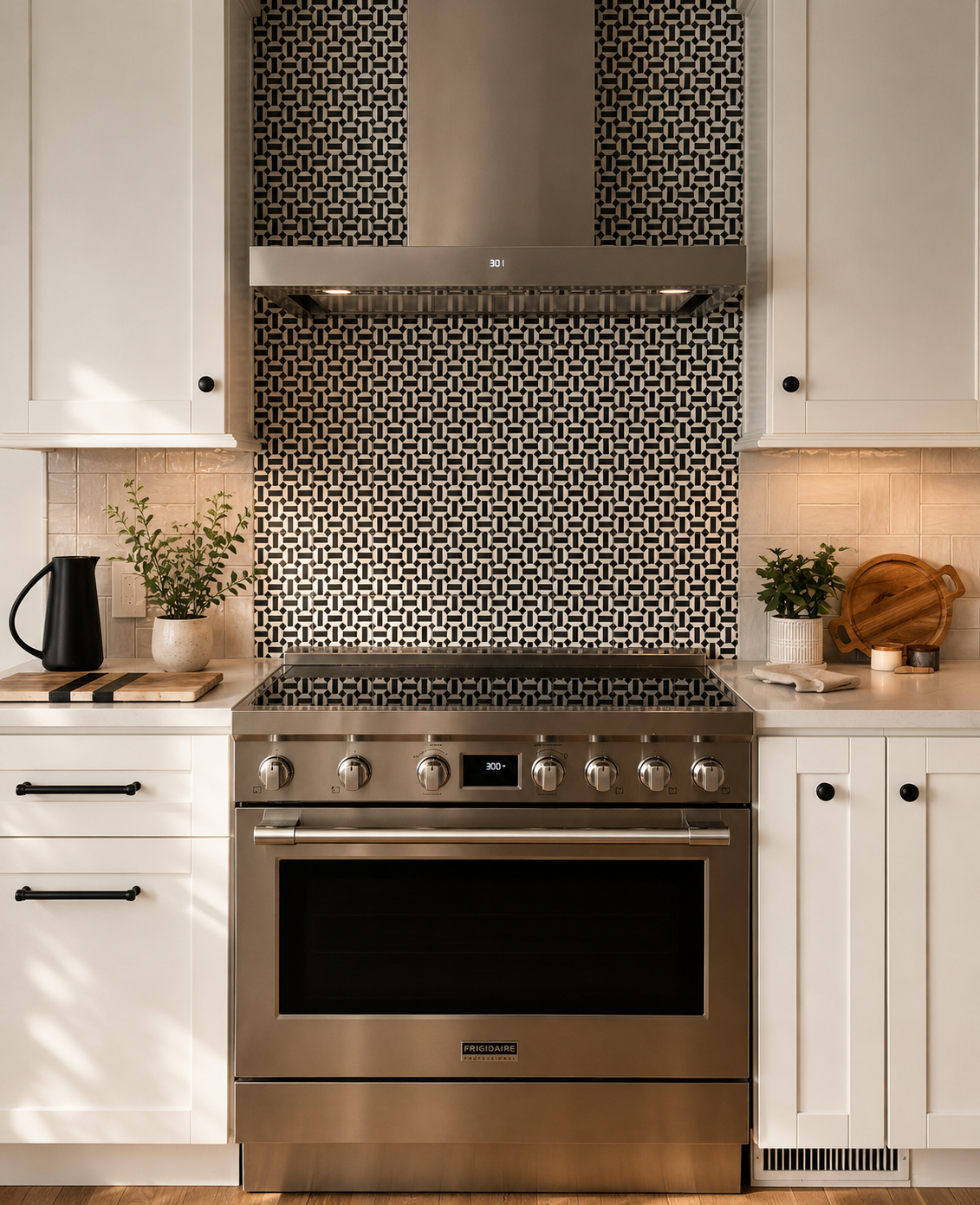 Beck Road kitchen stove — professional range, bold black and white geometric mosaic backsplash, warm zellige tile flanking