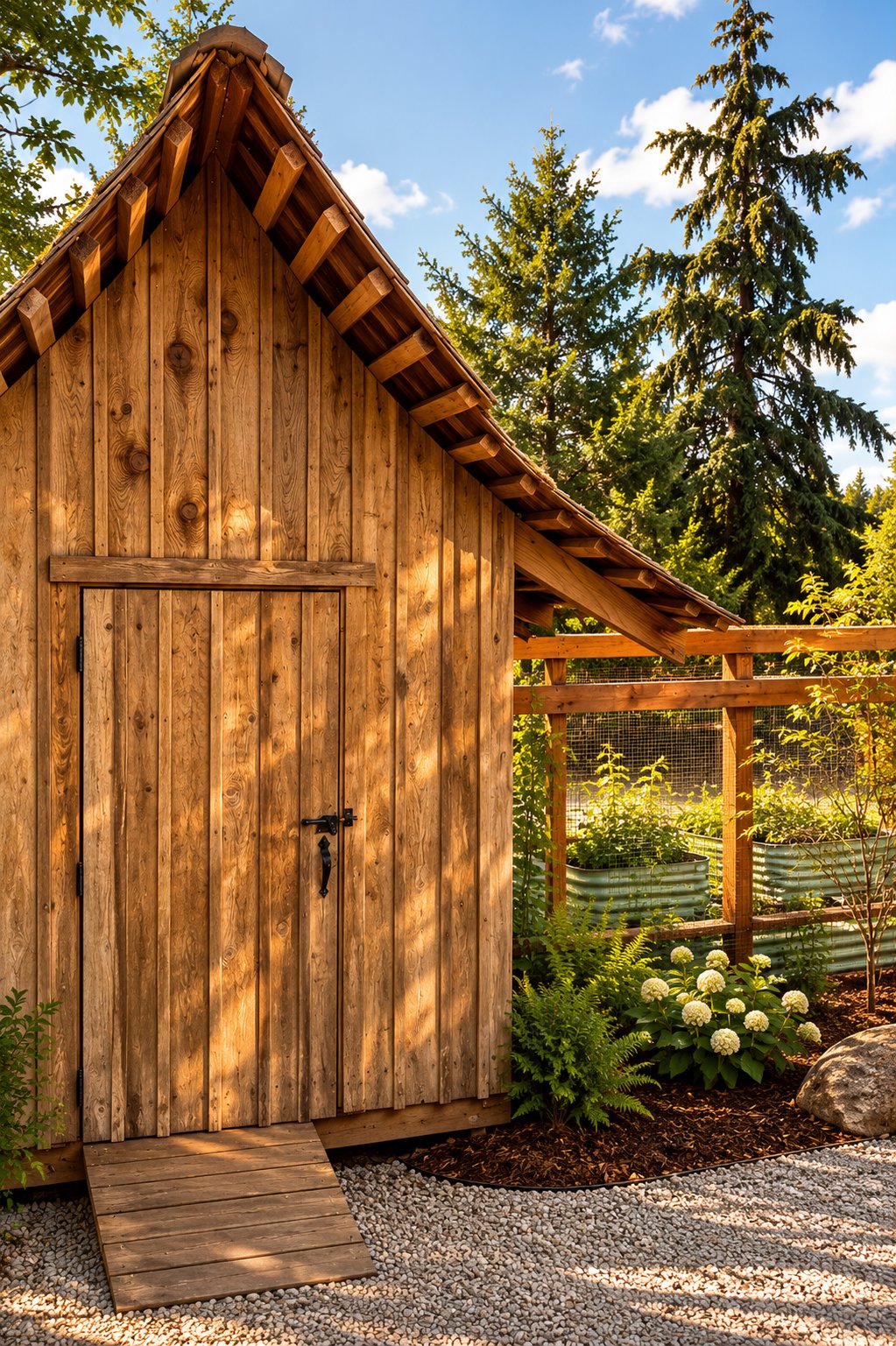 Beck Road garden house — board and batten cedar structure with exposed rafter tails, raised galvanized steel garden beds, white hydrangeas, Pacific Northwest firs