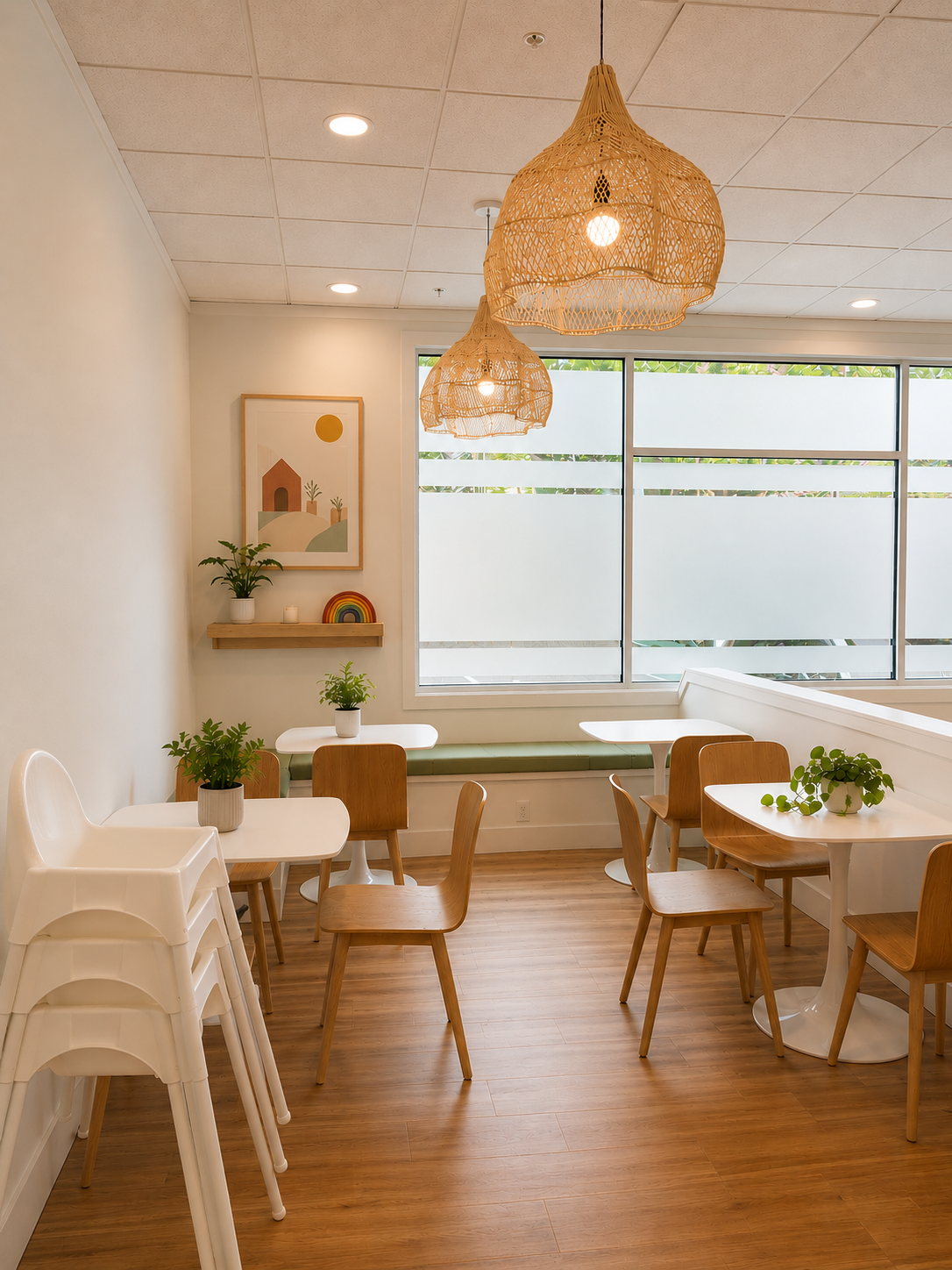 Bainbridge Play Cafe parent seating — rattan pendants, white tulip tables, bentwood chairs, green banquette, large windows