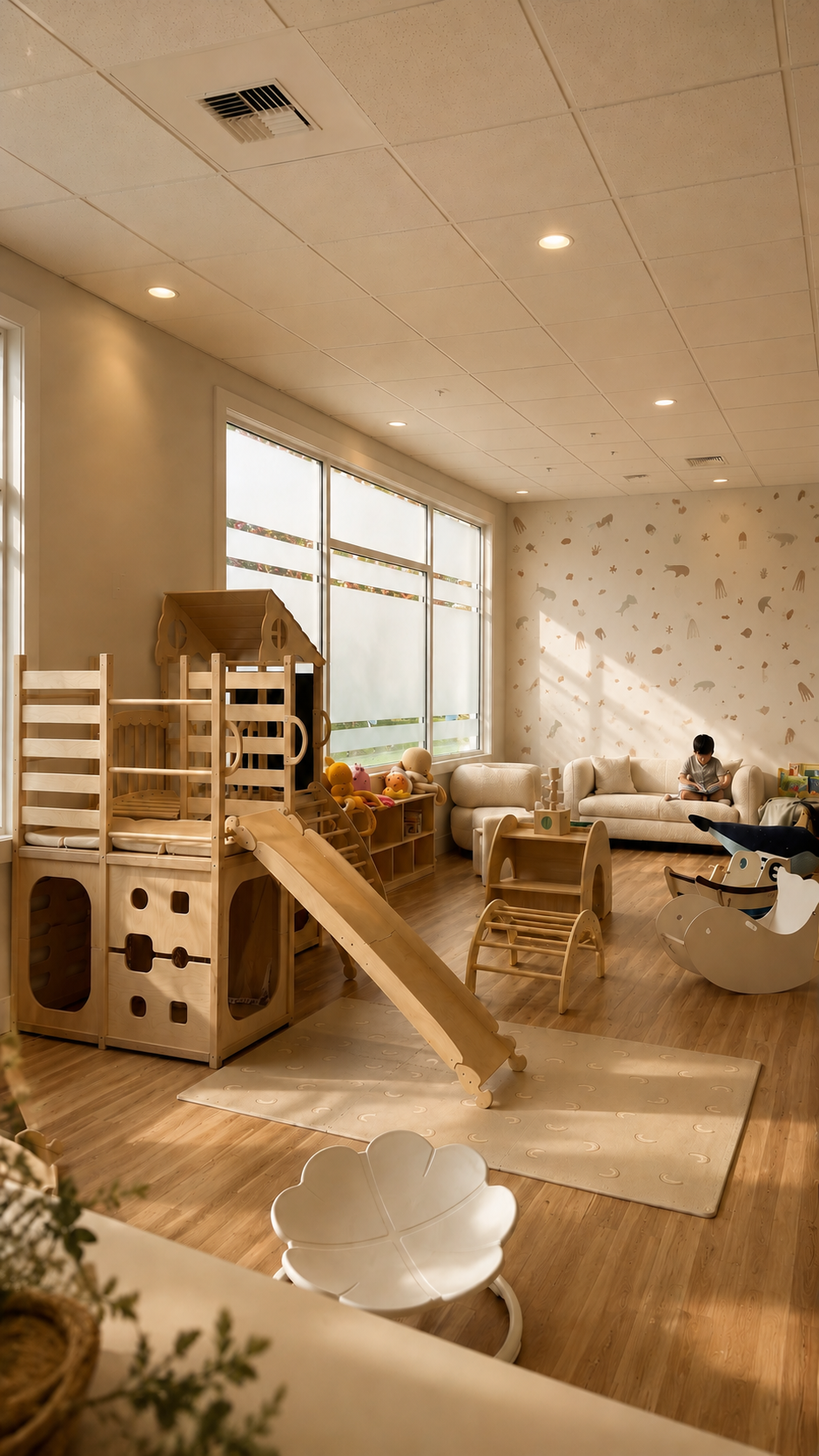 Bainbridge Play Cafe main play space — natural birch play structure, slide, cream boucle sofa, Pacific Northwest afternoon light