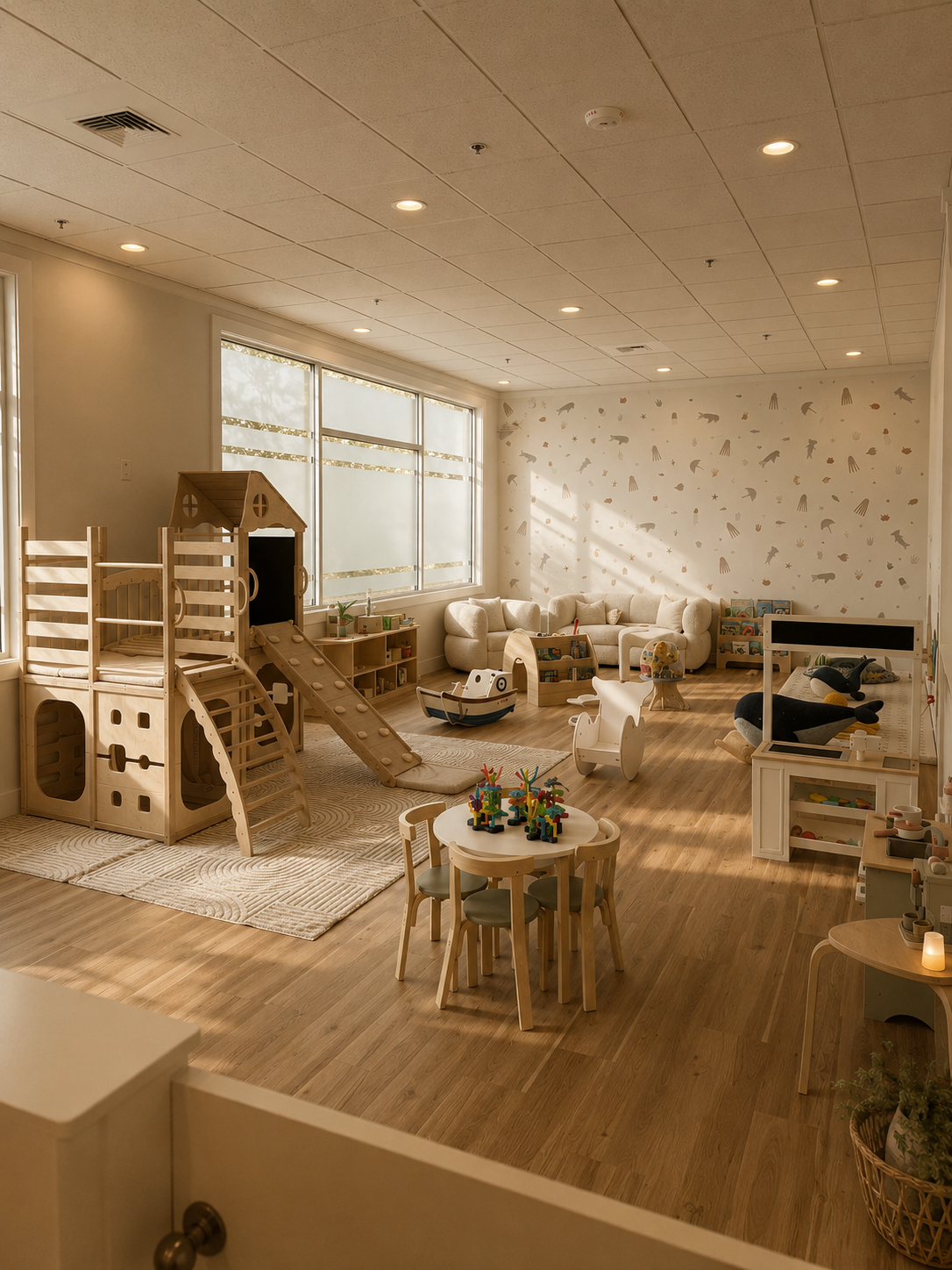 Bainbridge Play Cafe play space overview — birch structure, soft seating, round activity table, ocean wallpaper, natural light
