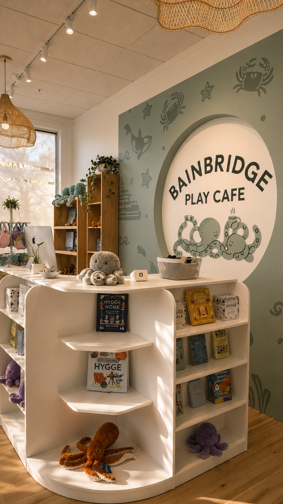 Bainbridge Play Cafe reception — custom curved white millwork counter with integrated retail shelving, sage brand mural
