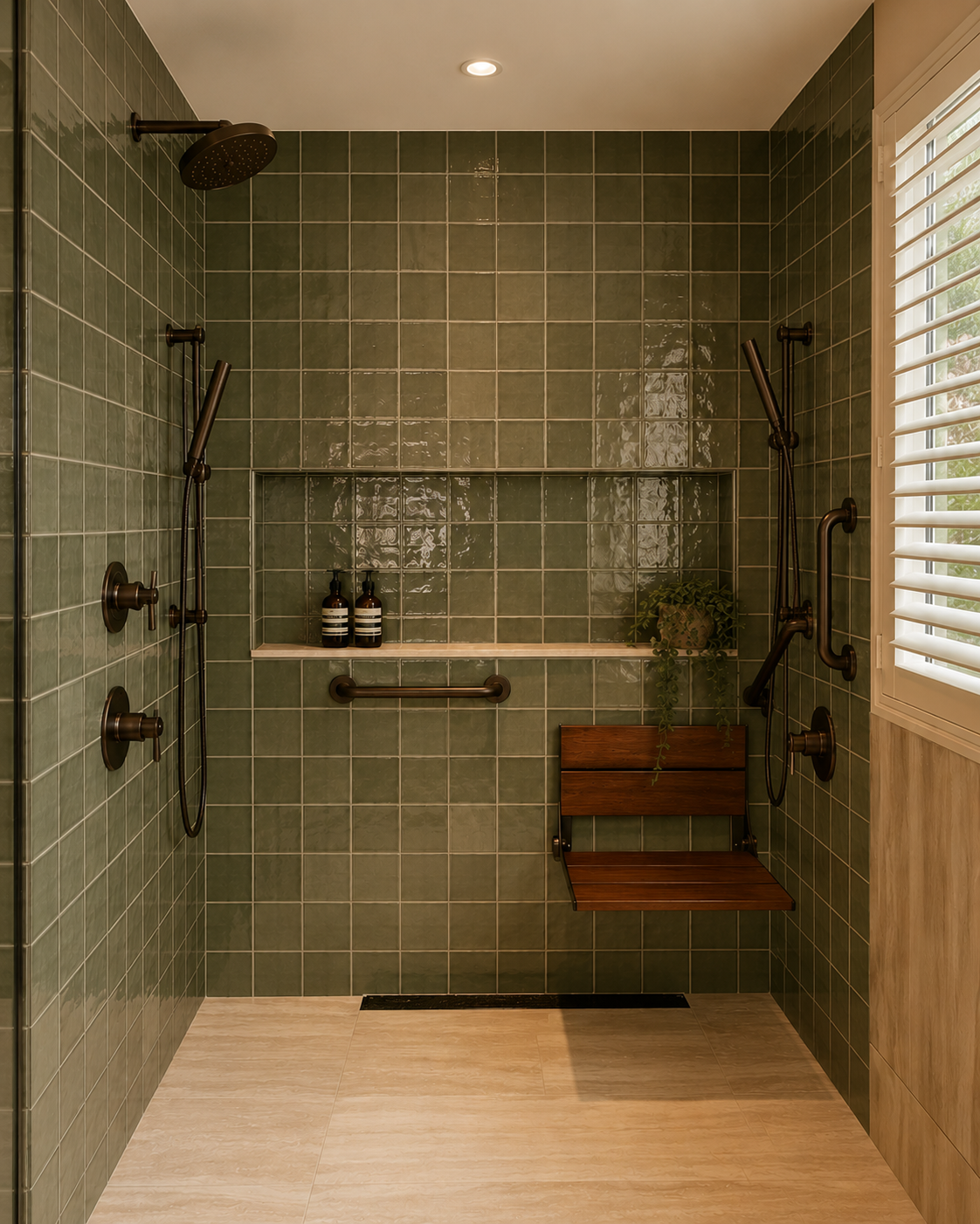 Buckskin Lane roll-in shower — universal design, forest green tile, teak seat, bronze grab bars