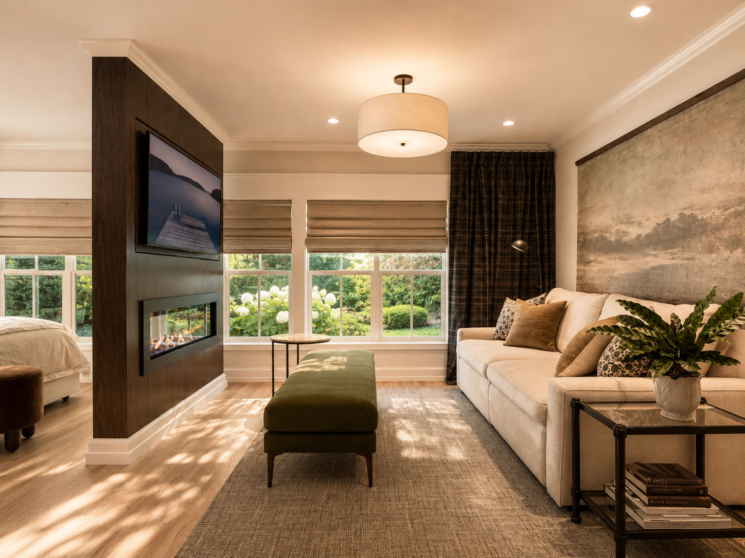Buckskin Lane — living zone, custom demising wall, fireplace, smart reclining sofa, FLOR carpet tile