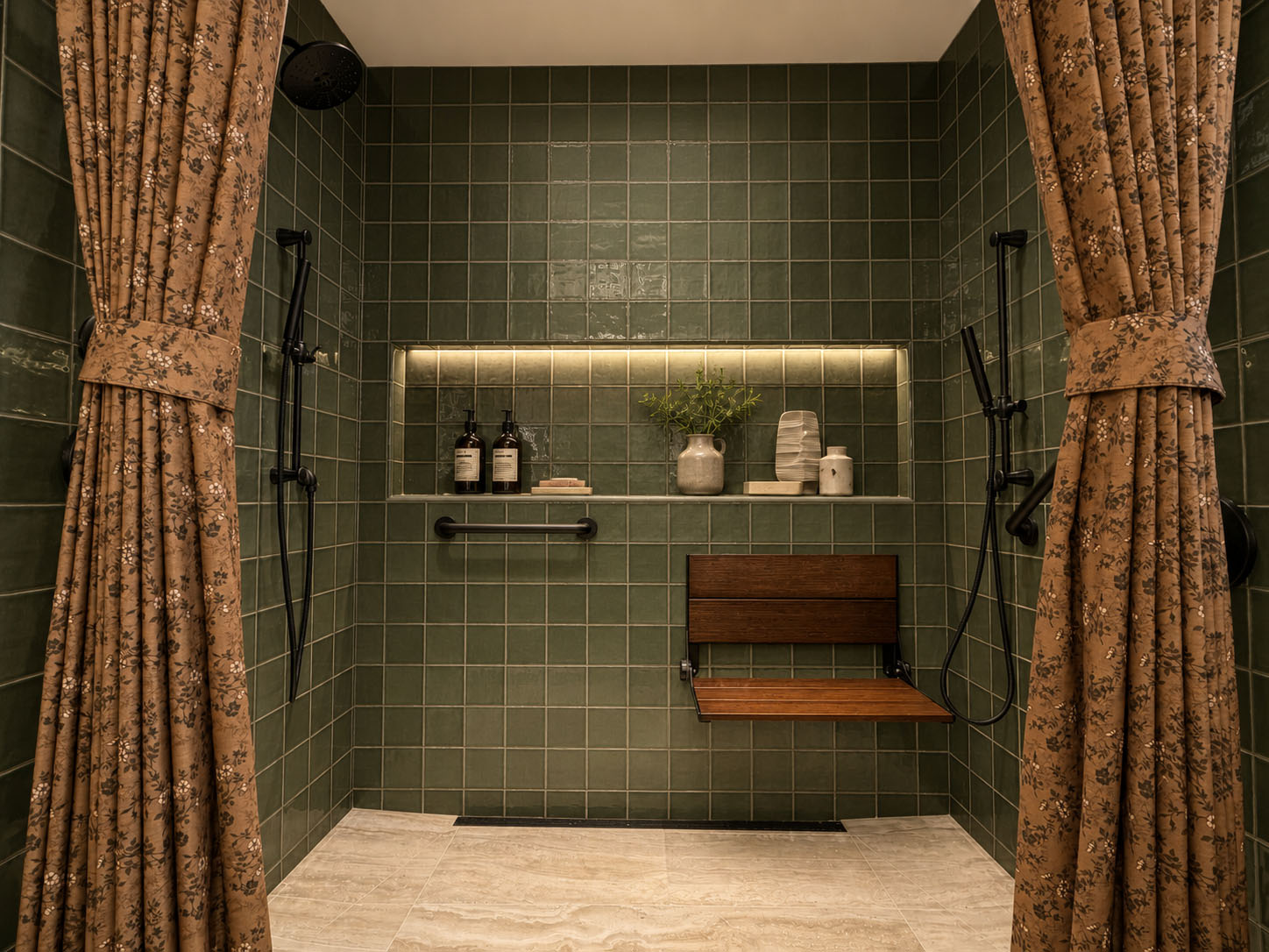 Buckskin Lane — roll-in shower, forest green tile, teak folding seat, bronze grab bars, double shower wands, recessed niche