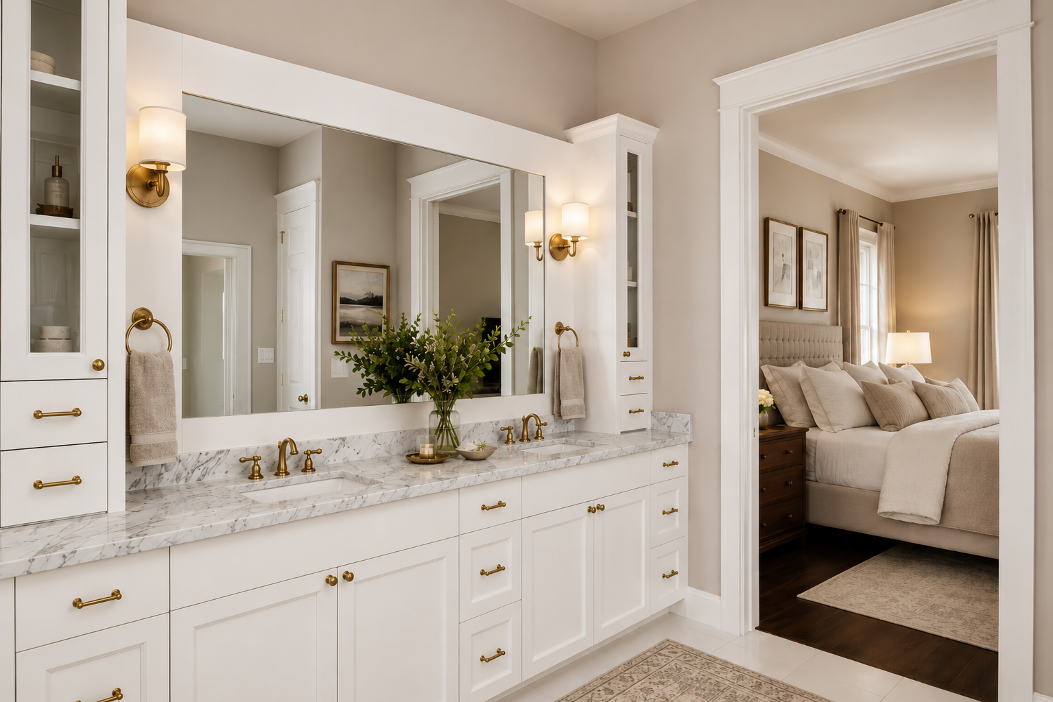 Cheltenham House primary bath — custom white cabinetry, Carrara marble countertops, dual vanity, brass fixtures, view through to primary bedroom