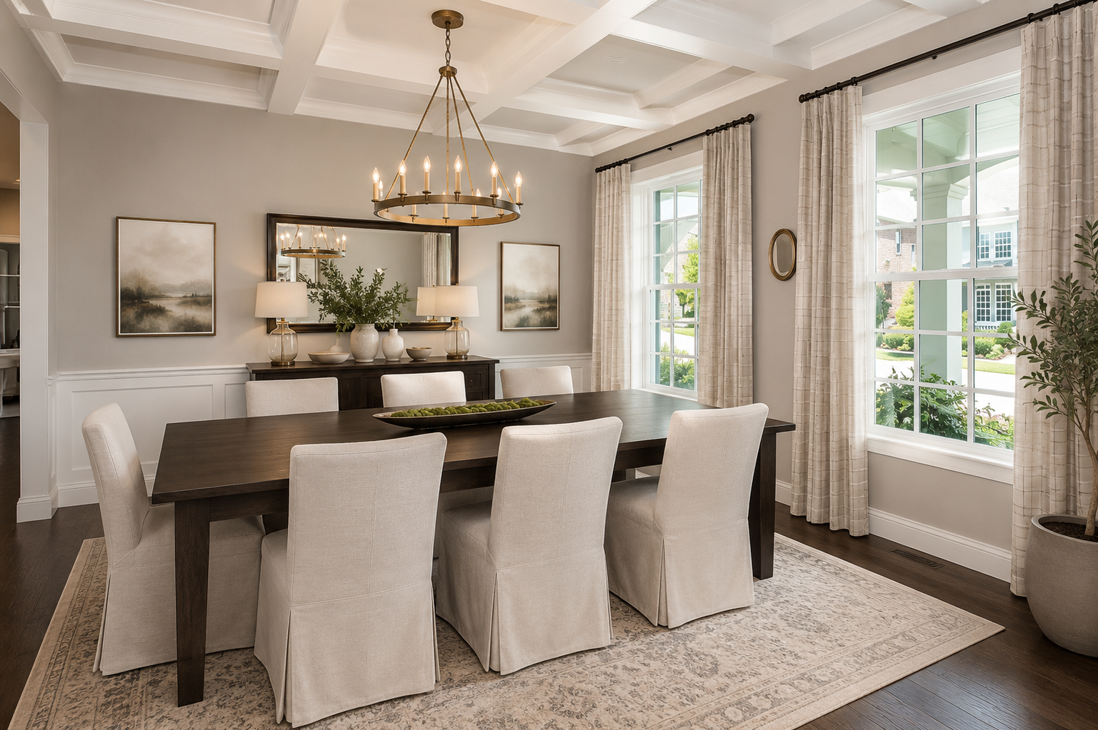 Cheltenham House dining room — coffered ceiling, brass ring chandelier, dark walnut table, slipcovered chairs, plaid drapery