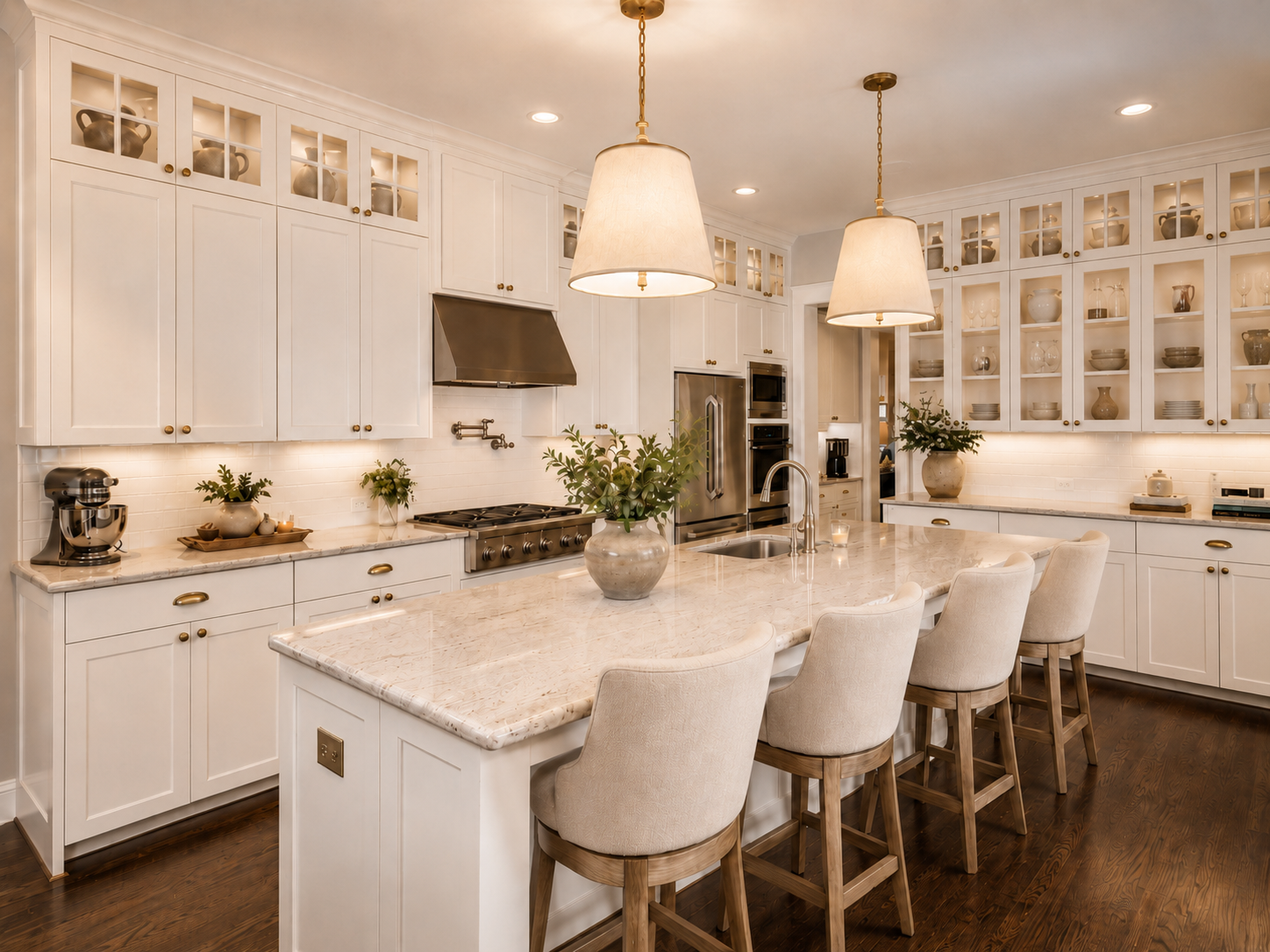 Cheltenham House kitchen — custom white cabinetry with glass mullion fronts, quartz island, professional range, natural wood bar stools