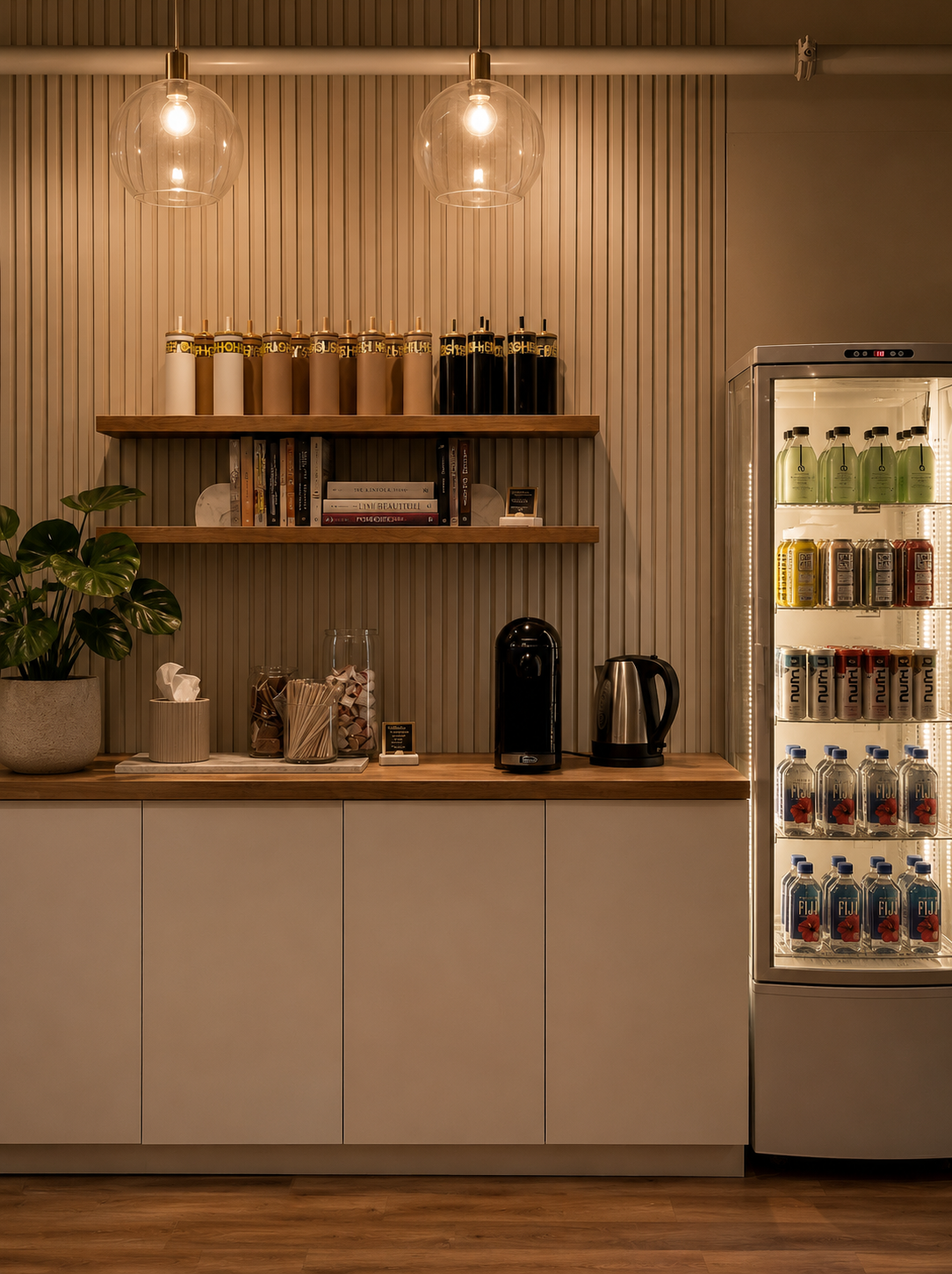 Lighthouse Fitness beverage center — warm oak shelving on slat wall, globe pendants in brass, branded tumblers, wellness books, Nespresso, illuminated cold drinks fridge