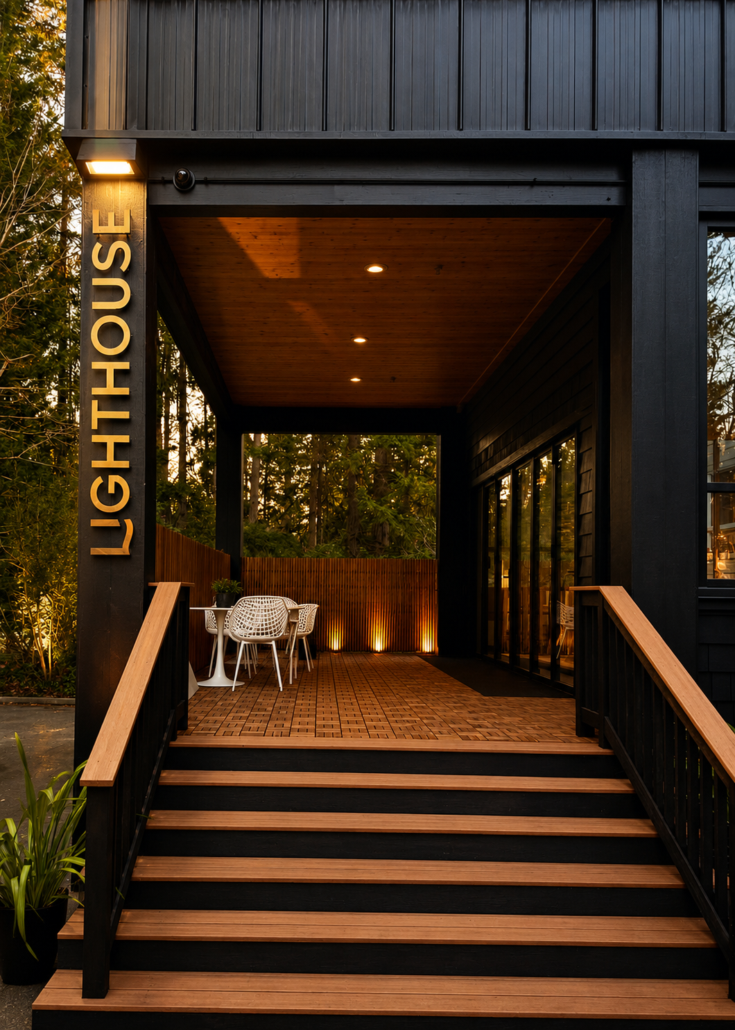 Lighthouse Fitness exterior at dusk — black board-and-batten façade, warm cedar ceiling, wood deck with teak tiles, illuminated gold signage column, white wire chairs