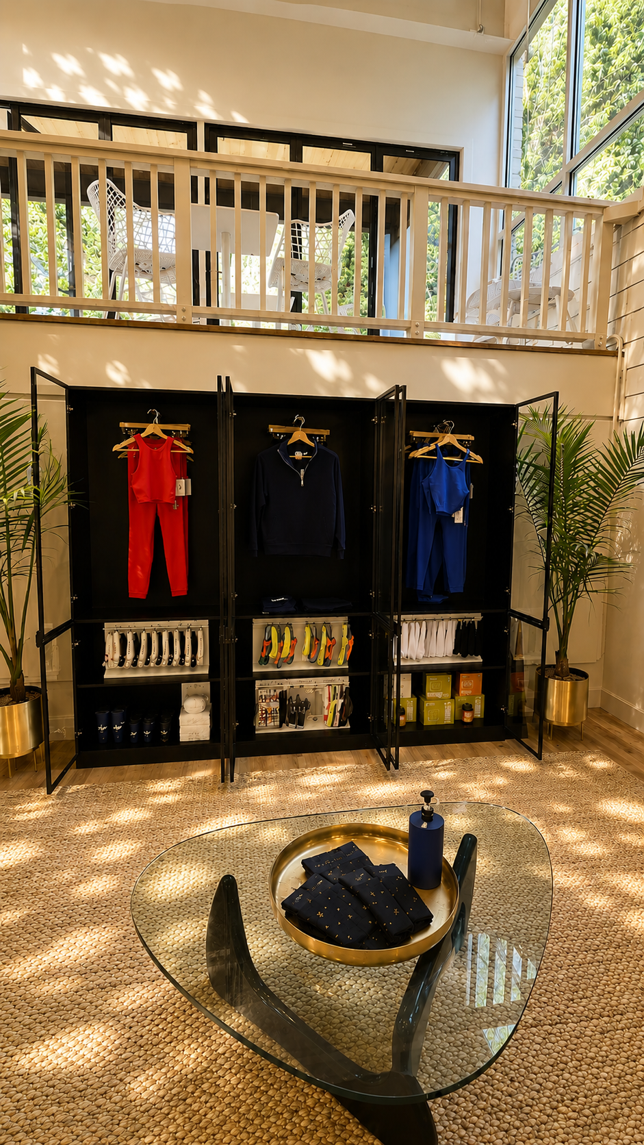 Lighthouse Fitness retail — open black wardrobe cabinets displaying activewear in red, navy, and blue, jute rug, glass Noguchi table in foreground
