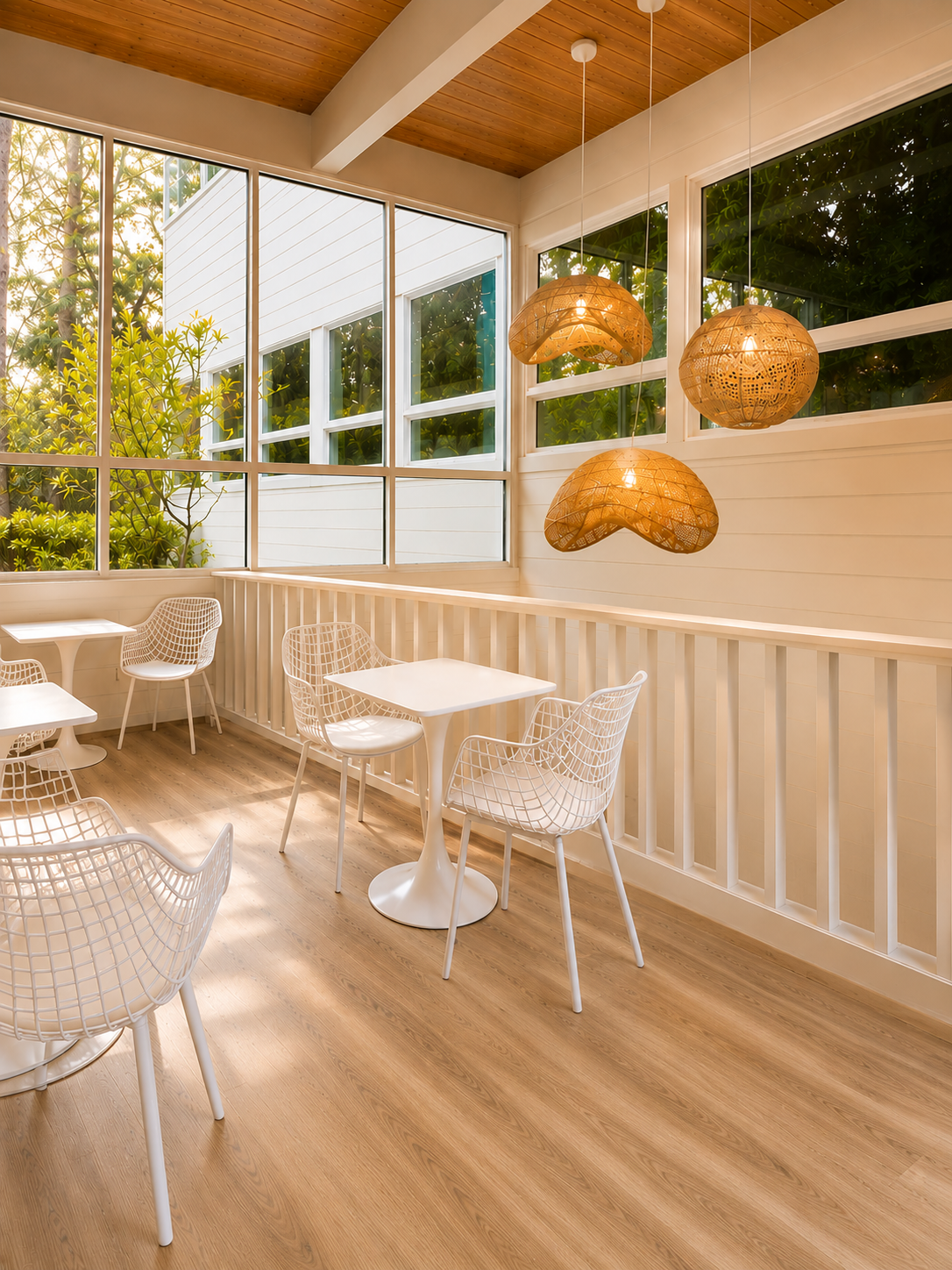 Lighthouse Fitness upper balcony lounge — warm cedar ceiling with exposed beams, floor-to-ceiling windows, white tulip tables, white wire chairs, three rattan globe pendants, Pacific Northwest greenery