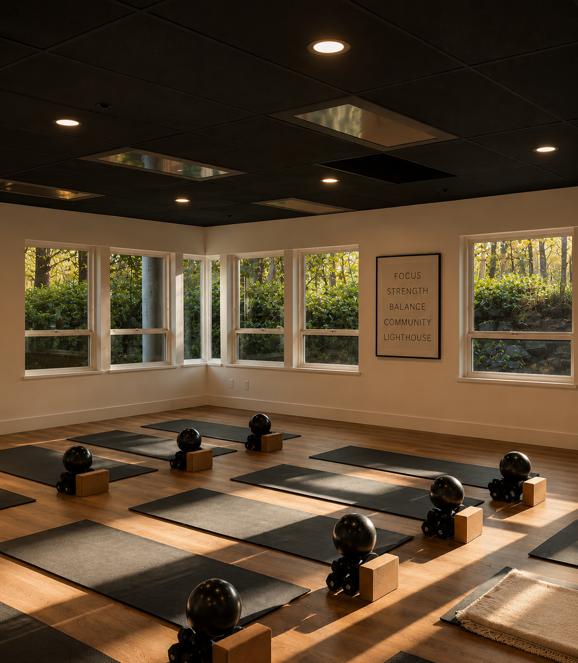 Lighthouse Fitness workout studio — dark acoustic ceiling, warm oak floor, black mats and wood blocks, wrap-around windows to Pacific Northwest forest, brand values wall art