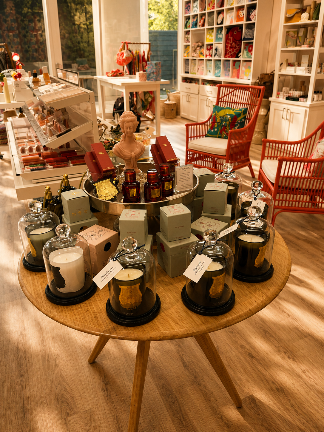 Lunamira candle round table — glass dome candles and gift boxes on a warm oak round table, red wicker chairs, furoshiki cubby wall and large windows in background