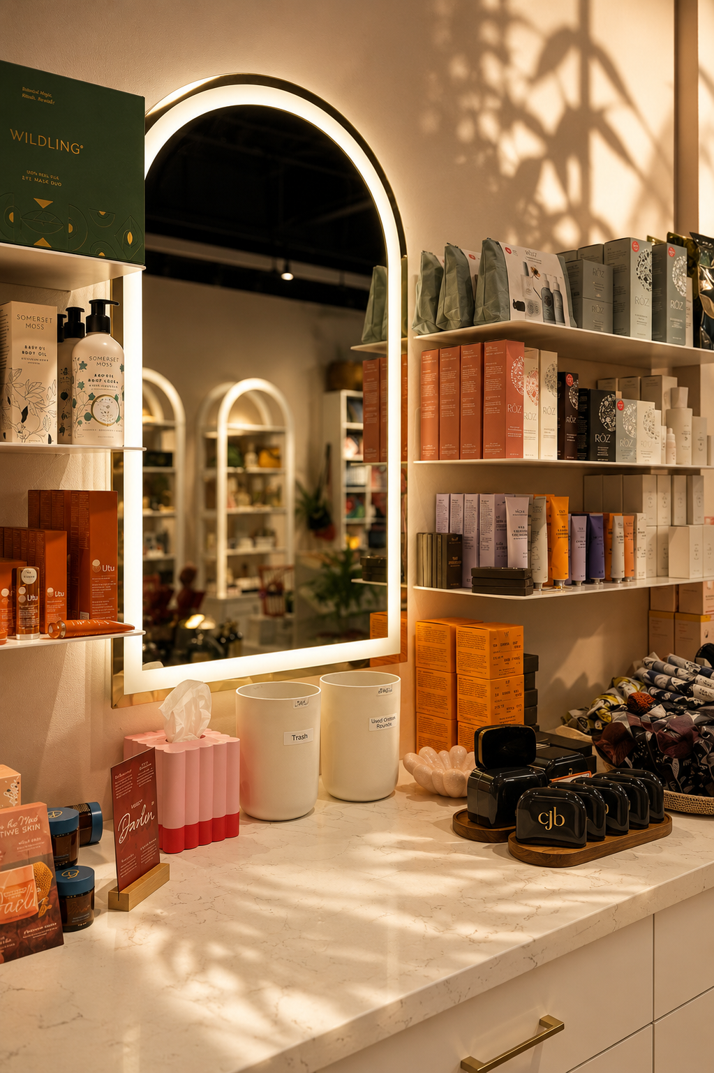 Lunamira beauty counter — arched backlit mirror, clean beauty product shelving, warm shadow patterns, marble-effect counter with brass hardware