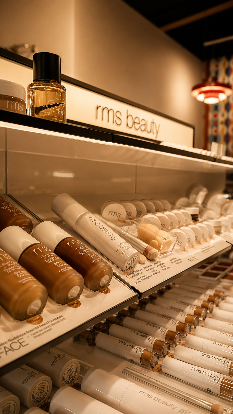 Lunamira RMS Beauty display — clean beauty foundations and products on illuminated tiered shelving, warm lighting, colorful wallpaper and pendant visible in background
