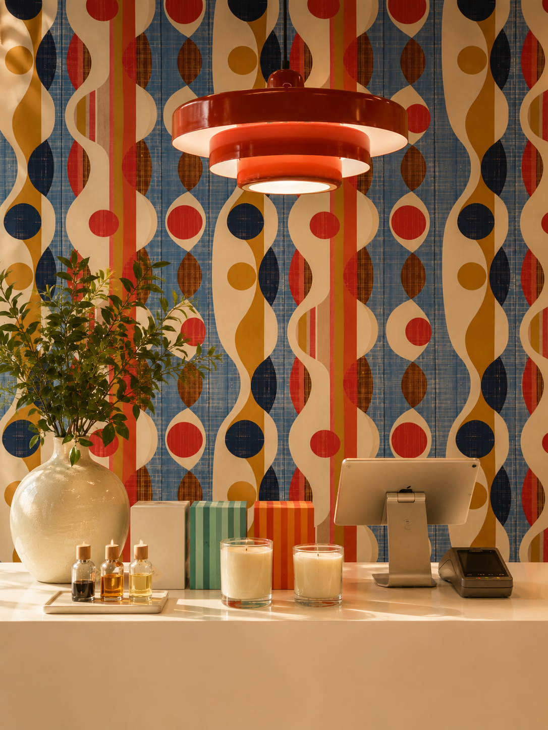 Lunamira checkout counter — bold geometric Op Art wallpaper in red, blue, gold, and white with a red PH5-style pendant and clean white counter