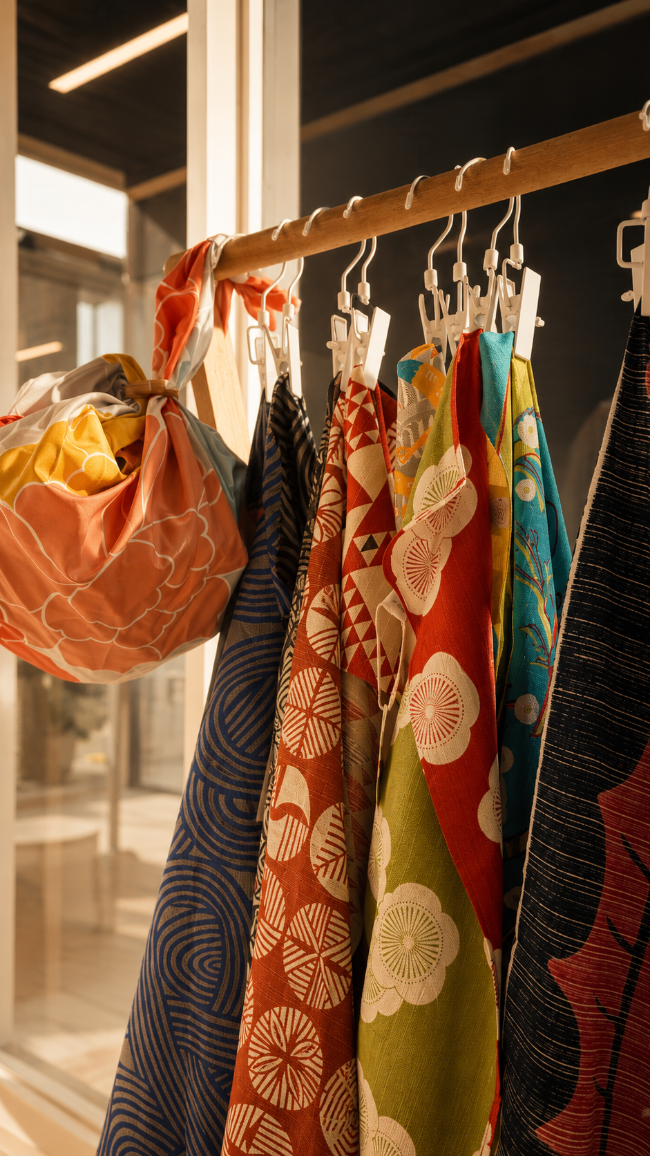 Lunamira furoshiki scarves — vibrant Japanese wrapping cloths in multiple patterns hanging from a wood display rod, Pacific Northwest light