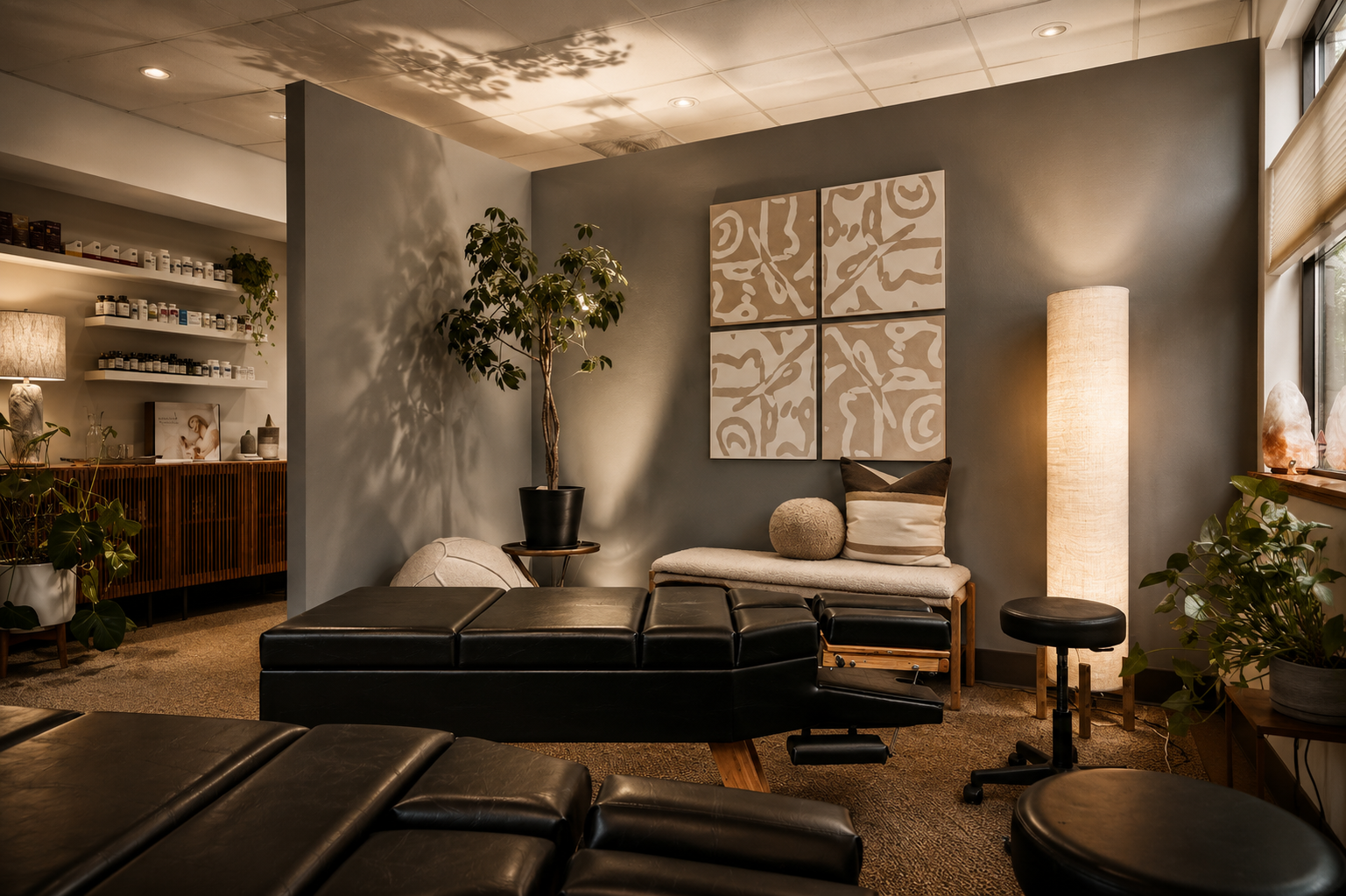 LUX Chiropractic family procedure room — deep blue walls, multiple black leather treatment tables, large ficus tree casting dramatic shadow, four-panel abstract art, warm leather chairs, retail supplement shelves in background
