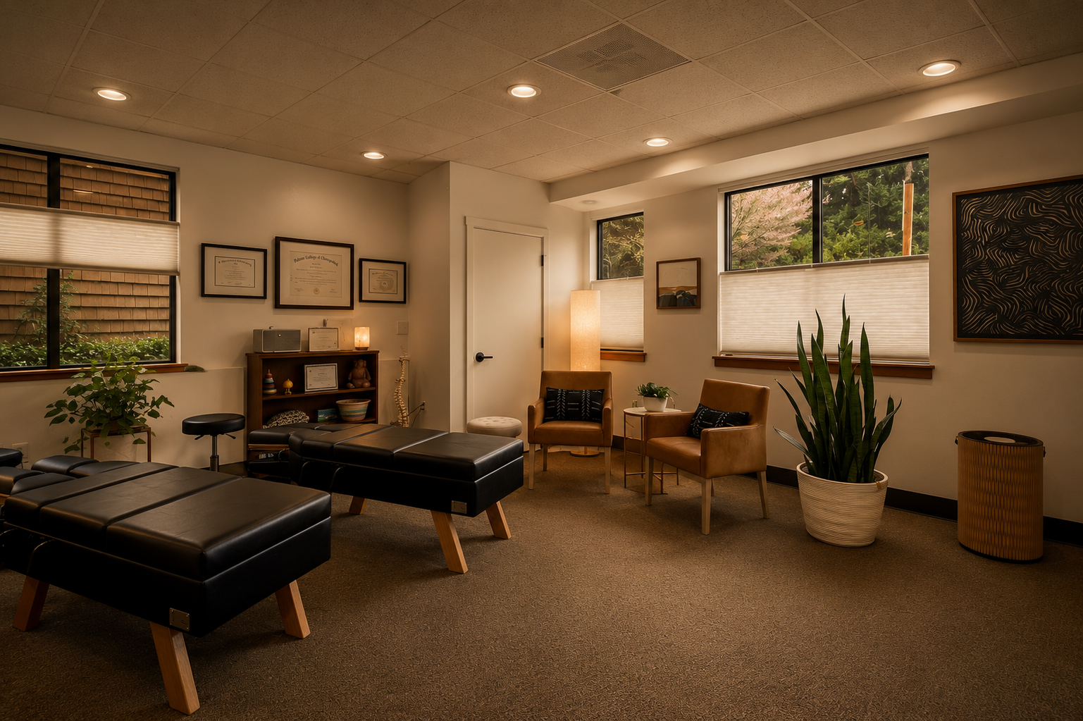 LUX Chiropractic intake room — warm taupe walls, two black treatment tables, cognac leather consultation chairs, Pacific Northwest windows, framed credentials, dark abstract art, snake plants, floor lamps