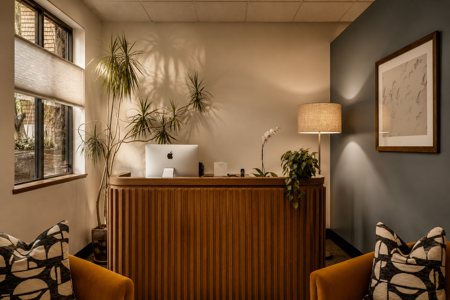LUX Chiropractic reception — front desk, warm materials