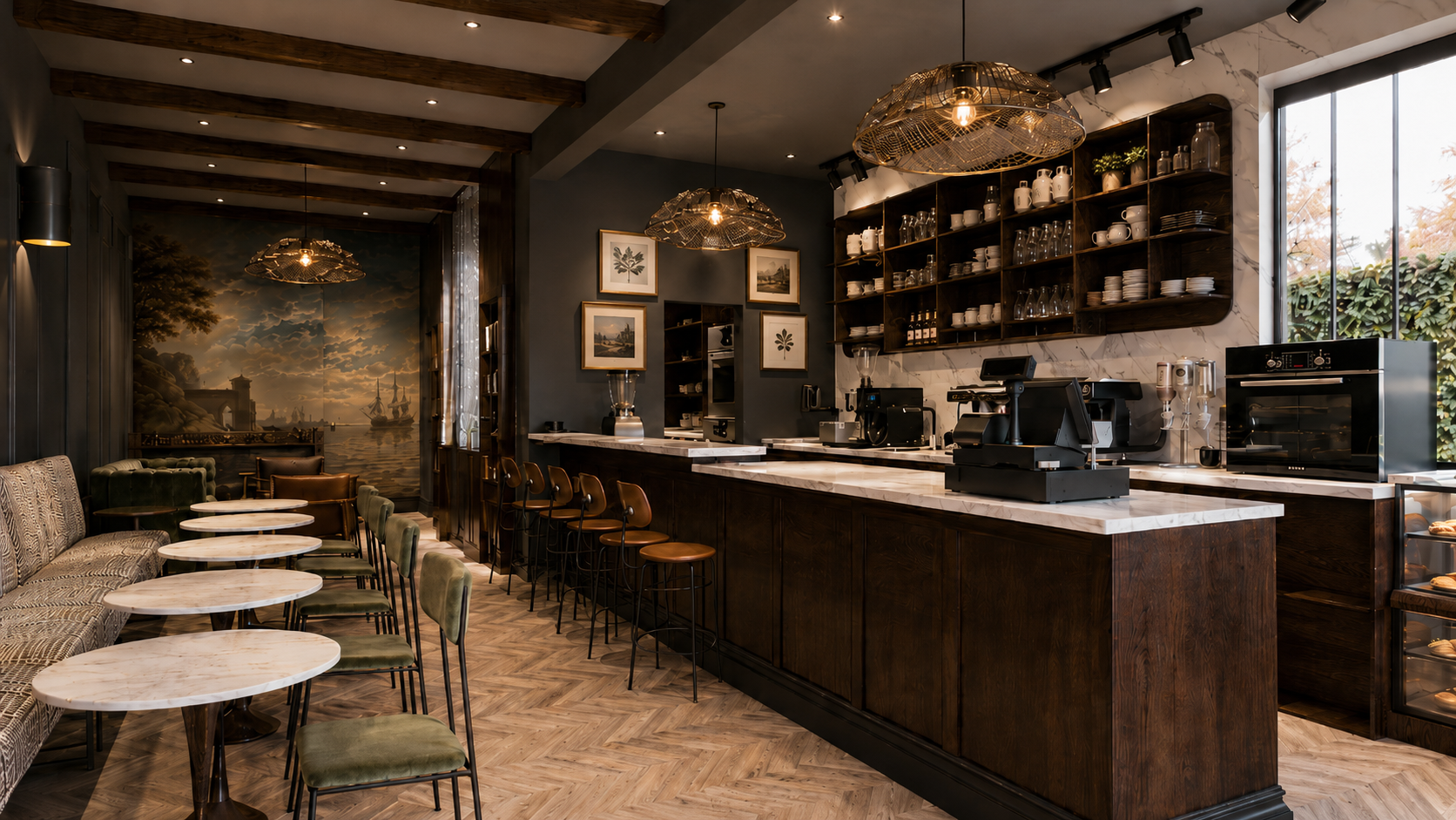 Voyager Coffee and Cocktails — interior rendering, dark walnut bar, marble countertop, herringbone floor, woven pendants, mural wall